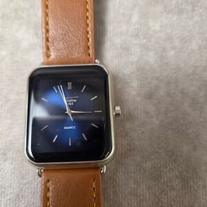 Techno Pave 8382 Mens Square Quartz Watch Blue Sunray Dial Brown Leather Strap